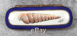 Limoges Trinket Box Pink Auger Spiral Sea Shell On Cobalt SIGNED NEW 456