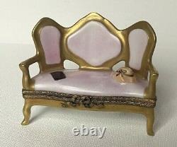 Limoges Trinket Box Pink Victorian Sofa Settee with Hat & Book Peint Main France