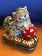 Limoges Trinket Box Playful Persian Kitten Cushioned Upon Sunflower Ornate Box