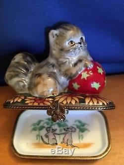 Limoges Trinket Box Playful Persian Kitten Cushioned upon Sunflower Ornate Box