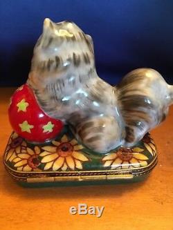 Limoges Trinket Box Playful Persian Kitten Cushioned upon Sunflower Ornate Box