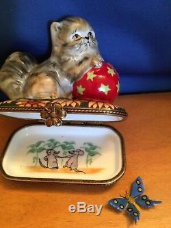 Limoges Trinket Box Playful Persian Kitten Cushioned upon Sunflower Ornate Box