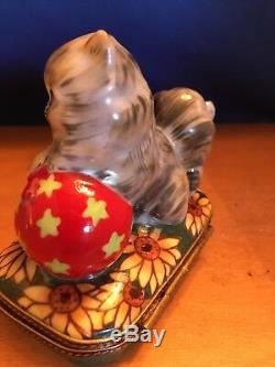 Limoges Trinket Box Playful Persian Kitten Cushioned upon Sunflower Ornate Box