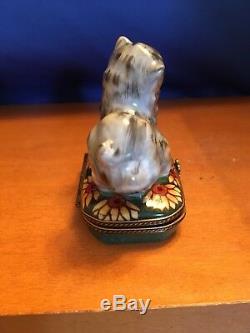 Limoges Trinket Box Playful Persian Kitten Cushioned upon Sunflower Ornate Box