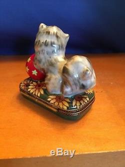 Limoges Trinket Box Playful Persian Kitten Cushioned upon Sunflower Ornate Box