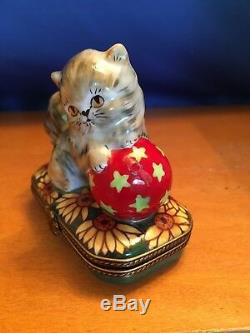 Limoges Trinket Box Playful Persian Kitten Cushioned upon Sunflower Ornate Box