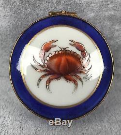 Limoges Trinket Box Red/Brown Crab on Cobalt Box Hand Painted SIGNED NEW 455