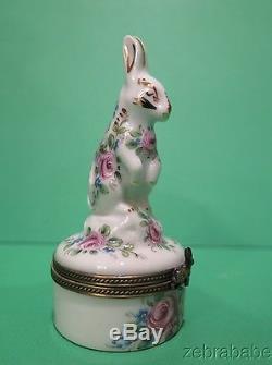 Limoges Trinket Box Standing Rabbit w Floral Pink Yellow Rose & Gold Decor