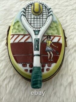 Limoges Trinket Box Tennis Court Box with Racquet Peint Main