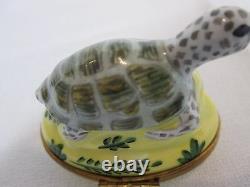 Limoges Trinket Box White and Green Turtle on Yellow Base
