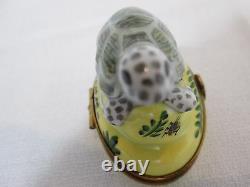Limoges Trinket Box White and Green Turtle on Yellow Base