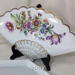 Limoges Trinket Dish Fan, Hand Painted, Signed, France, Gold Trim