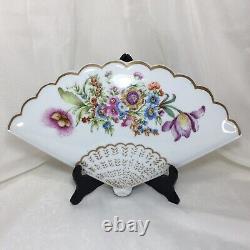 Limoges Trinket Dish Fan, Hand Painted, Signed, France, Gold Trim