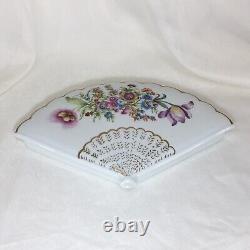 Limoges Trinket Dish Fan, Hand Painted, Signed, France, Gold Trim