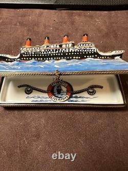 Limoges Vintage RMS Titanic on Water Hinged Trinket Box Signed France No Chips