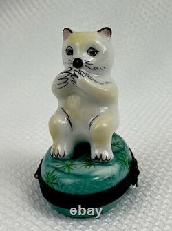 Limoges White Cat Eating Catnip Porcelain Trinket Box