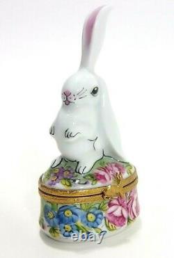 Limoges White Rabbit with Flowers Trinket Box Peint Main France