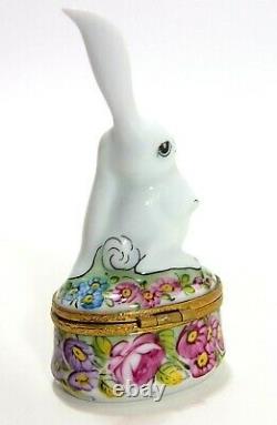 Limoges White Rabbit with Flowers Trinket Box Peint Main France