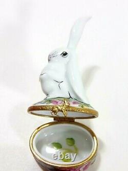 Limoges White Rabbit with Flowers Trinket Box Peint Main France