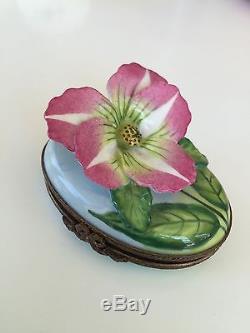 Limoges france peint main oval raised pink flower with lady bug
