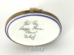 Limoges made France Stamped Kitty with Saucer Trinket Box Auth Free Ship