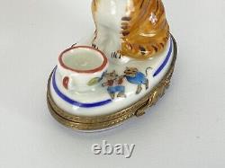 Limoges made France Stamped Kitty with Saucer Trinket Box Auth Free Ship