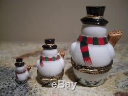Limoges of France 3 Piece Nesting Snowman Box Set Black Top Hat Porcelain Figure