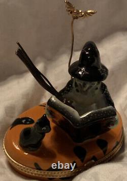 Limoges peint mein Halloween Witch Cat Bat Broom Trinket Box Pierre Arquie NEW