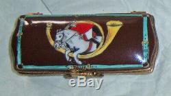 Limoges pill box brown withgold accentrider, horse, horn, Rochard Limoges France