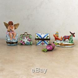Lot of 5 Limoges France Porcelain Trinket Pill Boxes -Angel, Sleigh, Chest, Pur