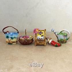 Lot of 5 Limoges France Porcelain Trinket Pill Boxes -Basket, Chair, Beach Bag