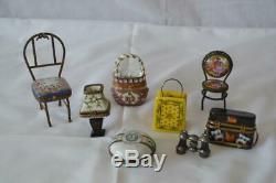 Lot of 6 Limoges Peint Main France Trinket Boxes & 1 Mini Doll House Chair