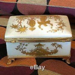 Lovely Limoges 22k Gold Chinoiserie Decoration Footed Jewelry Box by Le Tallec