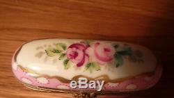 Lovely Vintage Pink Polka Dotted Oval Limoges French Porcelain Roses Trinket Box