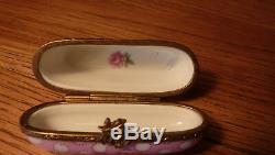 Lovely Vintage Pink Polka Dotted Oval Limoges French Porcelain Roses Trinket Box