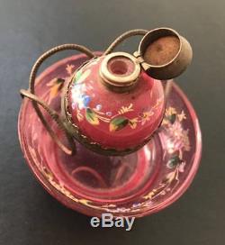 Moser Antique Cranberry Glass Hand Painted Floral Perfume Bottle & Bowl, Brass