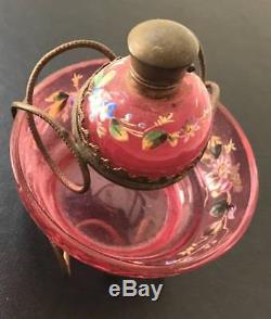 Moser Antique Cranberry Glass Hand Painted Floral Perfume Bottle & Bowl, Brass