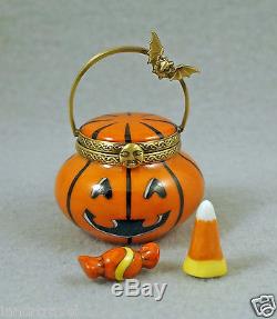 New French Limoges Box Halloween Jack'o Lantern Pumpkin Basket W Removable Candy