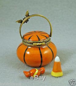 New French Limoges Box Halloween Jack'o Lantern Pumpkin Basket W Removable Candy