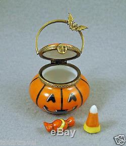 New French Limoges Box Halloween Jack'o Lantern Pumpkin Basket W Removable Candy
