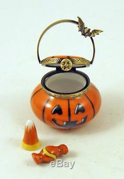 NEW FRENCH LIMOGES TRINKET BOX HALLOWEEN JACK'O LANTERN PUMPKIN BASKET With CANDY