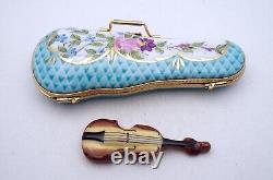 New Authentic French Limoges Trinket Box Violin in Gorgeous Floral Violin Case