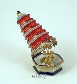 New French Limoges Box Good Fortune Asian Pagoda & Lucky Golden Gingko Tree