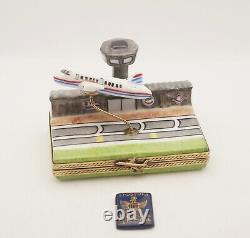 New French Limoges Trinket Box Airplane Taking off in Airport & Remov. Passport