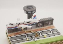 New French Limoges Trinket Box Airplane Taking off in Airport & Remov. Passport