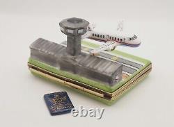 New French Limoges Trinket Box Airplane Taking off in Airport & Remov. Passport