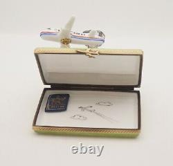 New French Limoges Trinket Box Airplane Taking off in Airport & Remov. Passport