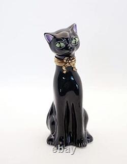 New French Limoges Trinket Box Amazing Black Cat with Halloween Magic Wand 4 3/8