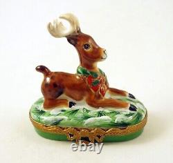 New French Limoges Trinket Box Amazing Christmas Reindeer with Holly