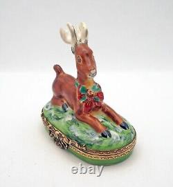 New French Limoges Trinket Box Amazing Christmas Reindeer with Holly